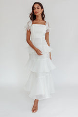 Delwynn Puff Sleeve Layered Midi Dress White