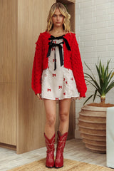 Tera Velvet Bow Cardigan Red