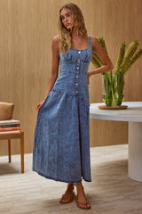 Pansy Scoop Neck Flounce Hem Maxi Dress Denim