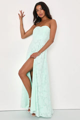 Garden of Romance Mint Green Floral Burnout Strapless Maxi Dress