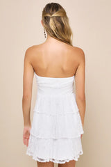 Sweet Perception White Lace Strapless Tiered Mini Dress