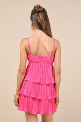 Sleek Dedication Hot Pink Satin Plisse Cutout Tiered Mini Dress