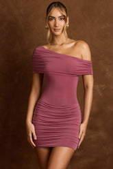 Off-Shoulder Draped Mini Dress in Rose Brown
