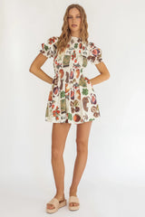 Nia Shirred Puff Sleeve Mini Dress Exotic Print Beige