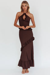Clemence Smocked Frill Trim Maxi Dress Chocolate