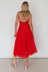 Smitten Sweetheart Neckline Chiffon Midi Dress Red