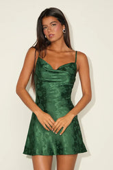 Close to Your Heart Emerald Green Satin Jacquard Cowl Slip Dress