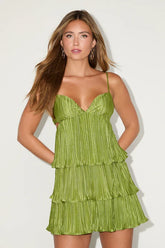 Sleek Dedication Green Satin Plisse Cutout Tiered Mini Dress