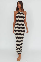 Yelena Halter Neck Knit Maxi Dress Zig-Zag Cream