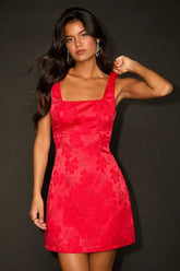 Perfectly Flirtatious Red Floral Jacquard Tie-Back Mini Dress