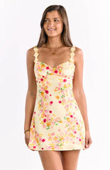 Marbelle Yellow Bloom Satin Mini Dress