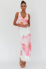 Oliana V-Neck Mesh Maxi Dress Hibiscus White/Pink