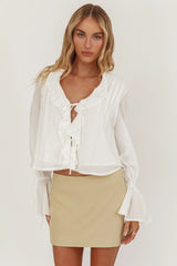 La Demure Tie Front Frill Blouse White