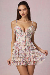 Ruffled Lace-Up A-Line Mini Dress in Primrose Floral Print