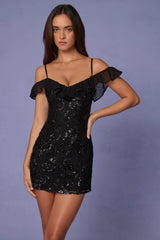 Embellished Lace-Up A-Line Mini Dress in Black