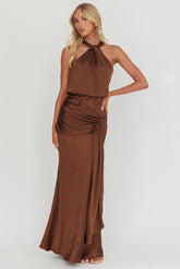 Linette Halterneck Draped Sash Maxi Dress Chocolate