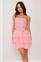 Glitter Grid Strapless Sequin Mini Dress Pink