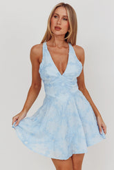 Lavalle Criss-Cross Floral Embellished Mini Dress Blue