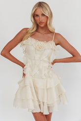 Sweetest Things Frill Trim Rosette Mini Dress Cream