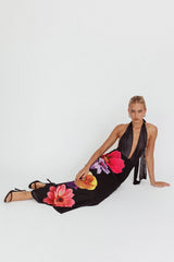 Italia Azure Halterneck Maxi Dress Flowers Black