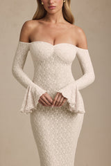 Off-Shoulder Ruffle Lace Maxi Dress in Ivory