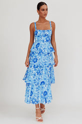 Provence Bloom Tiered Floral Maxi Dress Blue