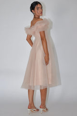 May Rose Off-Shoulder Tulle Midi Dress Taupe