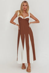 Marisa Tied Shoulder Godet Hem Maxi Dress Contrast Chocolate