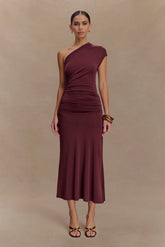 Chloe Peached Jersey One Shoulder Midi Dress - Mahogany