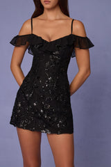 Embellished Lace-Up A-Line Mini Dress in Black