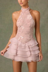 Embellished Ruffled Halterneck Mini Dress in Dusty Rose