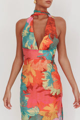 Cipriana Backless Halter Maxi Dress Floral Pink