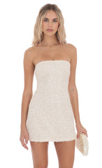 Knit Sequin Strapless Dress in Ivory