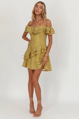 Sinclair Off-Shoulder Ruffle Trim Mini Dress Khaki
