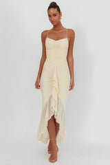 Kamilah Gathered Cascading Ruffle Midi Dress Butter
