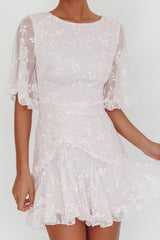 Leona Half Sleeve Frill Trim Dress Embroidered Blush