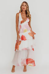 Veda Strappy Back Ruffle Maxi Dress Flowers Pink