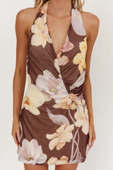Joa Halterneck Mini Dress Floral Brown