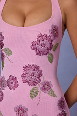 Embellished Halterneck Mini Dress in Soft Pink
