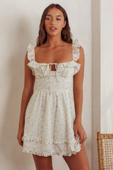 Doe Tied Bust Frill Mini Dress Floral Yellow