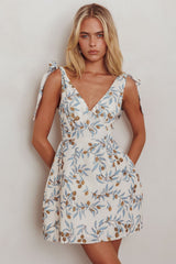 Glam Up Tied Shoulder Mini Dress Leaves Beige