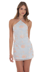 Floral Embroidered Halter Dress in Light Blue