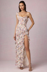 Asymmetric Ruffled Lace-Up Gown in Primrose Floral Print