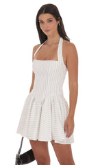 Pinstripe Halter A-line Dress in White