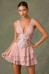 Embellished Ruffled Corset Mini Dress in Floral Pink