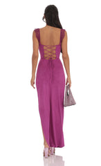 Suede Draped Lace Maxi Dress in Magenta