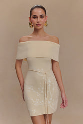 Mallory Off Shoulder Embroidered Knit Mini Dress - Cream And Ivory