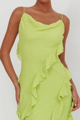 Panama Bay Ruffle Trim Cowl Neck Maxi Dress Sage
