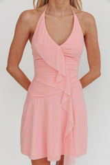 Belize Nights Ruffle Trim Halter Neckline Mini Dress Pink