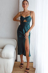 Invite Only Twisted Bust Satin Midi Dress Jade